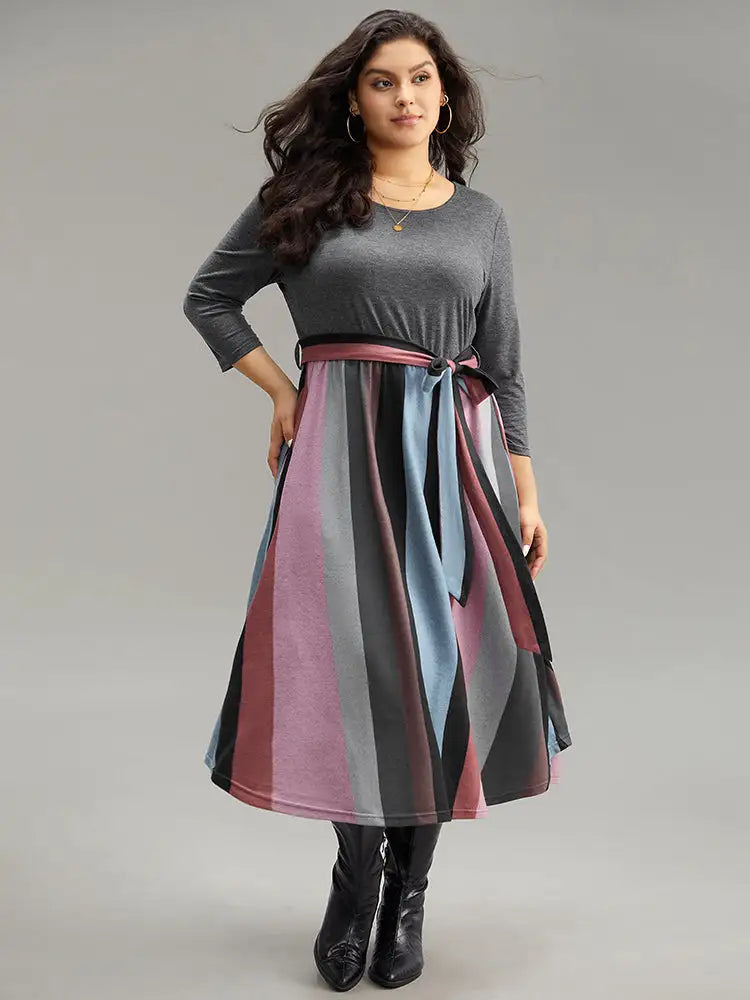 Striped Contrast Patchwork Belted Dress