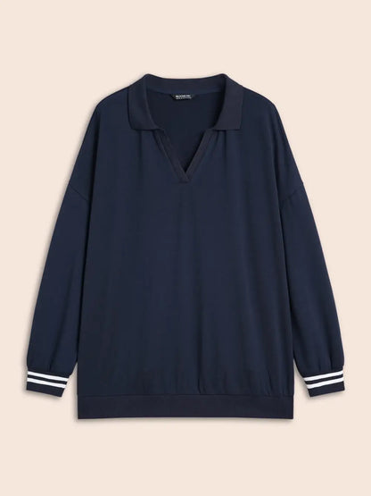 Polo Neck Contrast Trim Drop Shoulder Sweatshirt