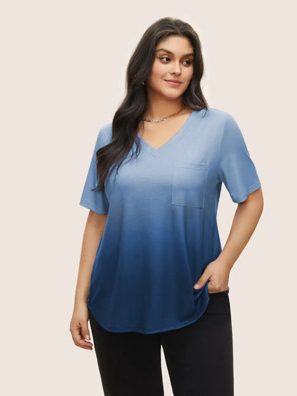 Ombre Contrast Patched Pocket T-Shirt