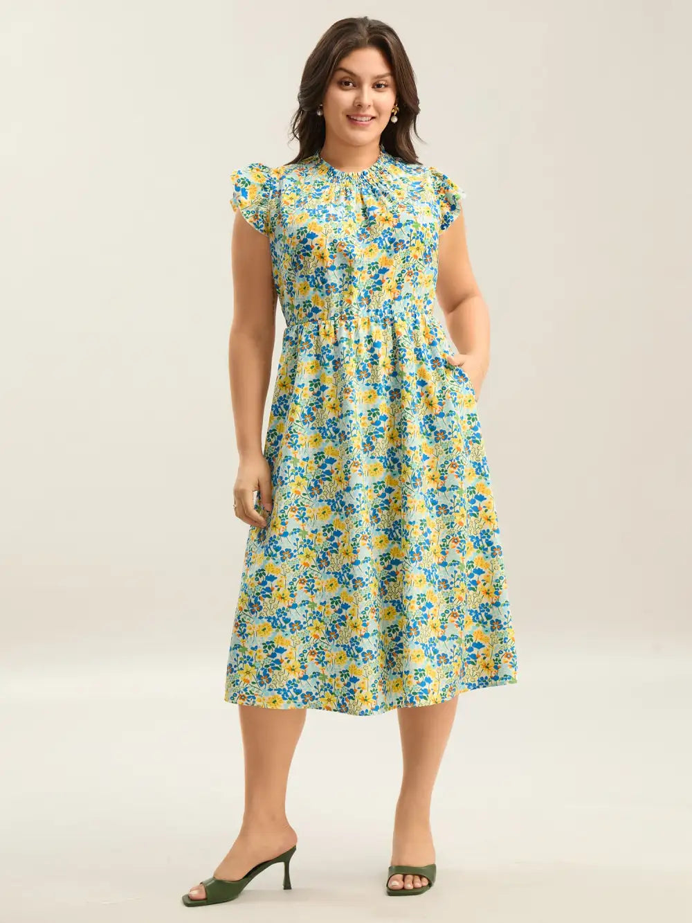 Floral Print Shirred Pockets Midi Dress