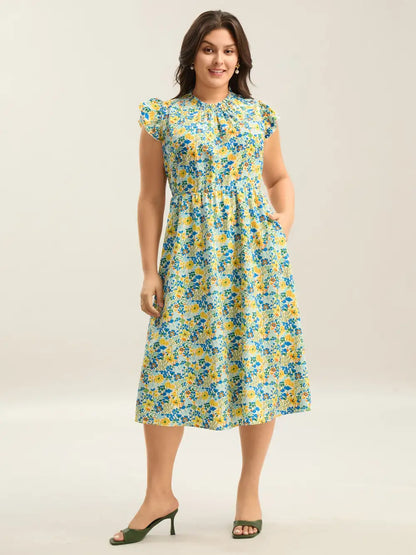 Floral Print Shirred Pockets Midi Dress