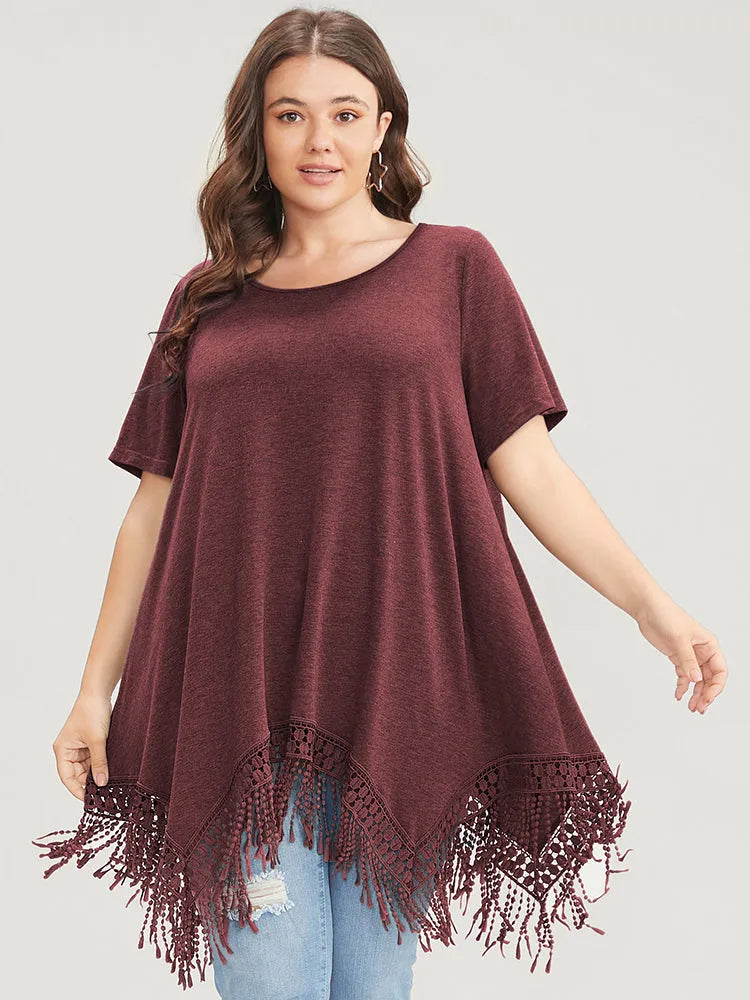 Solid Round Neck Lace Fringe Hem T-shirt