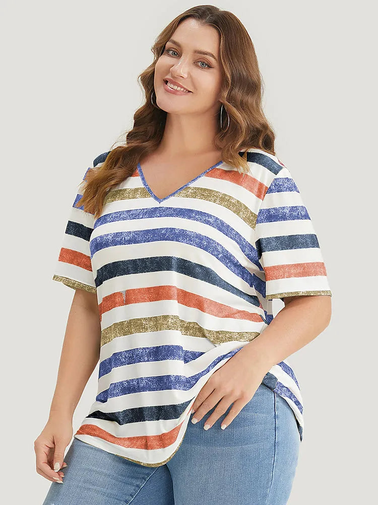 Striped Contrast V Neck T-shirt