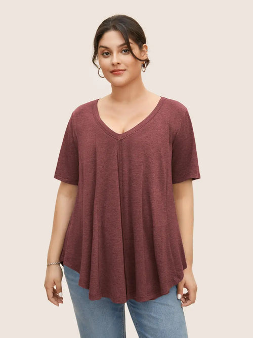 Solid Heather V Neck Curved Hem T-Shirt