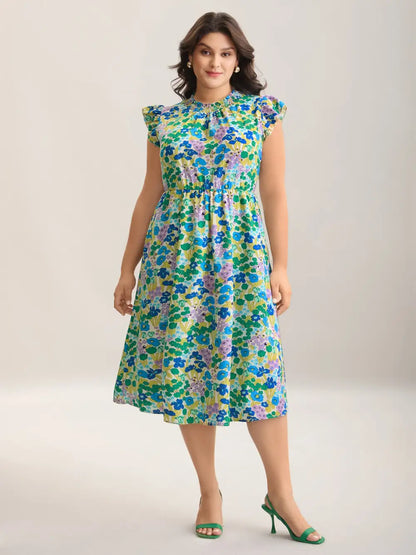 Floral Print Shirred Pockets Midi Dress