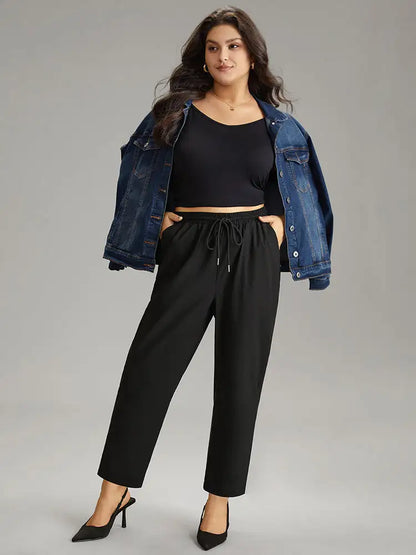Solid Drawstring Pocket Elastic Waist Pants