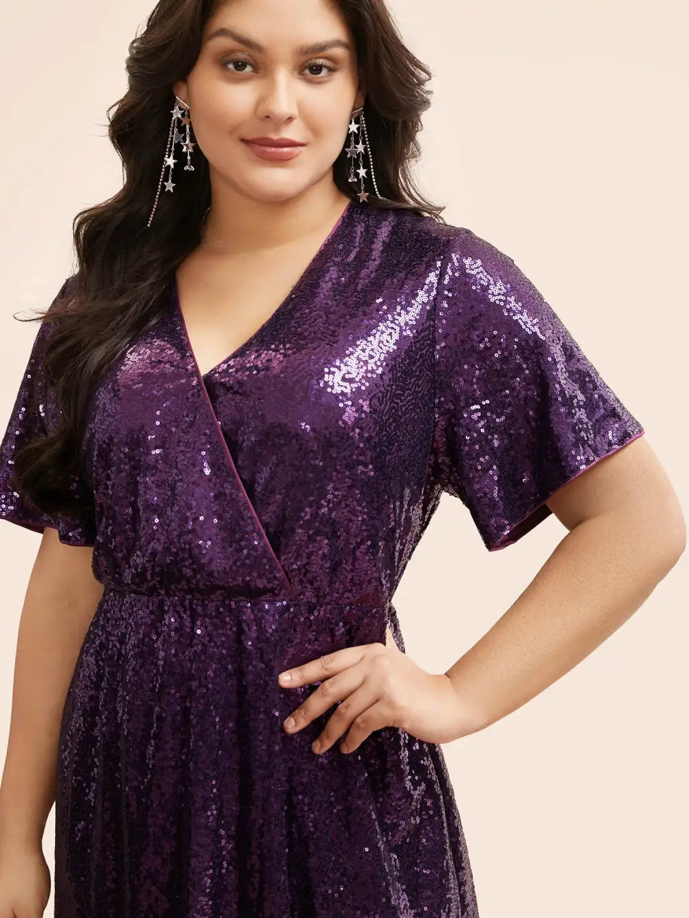 Sequin Overlap Collar Ruffle Sleeve Dress
