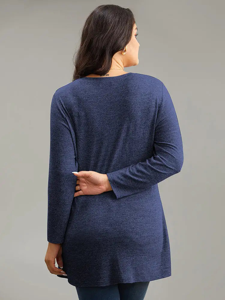 Contrast Patchwork Crew Neck Button Detail T-Shirt