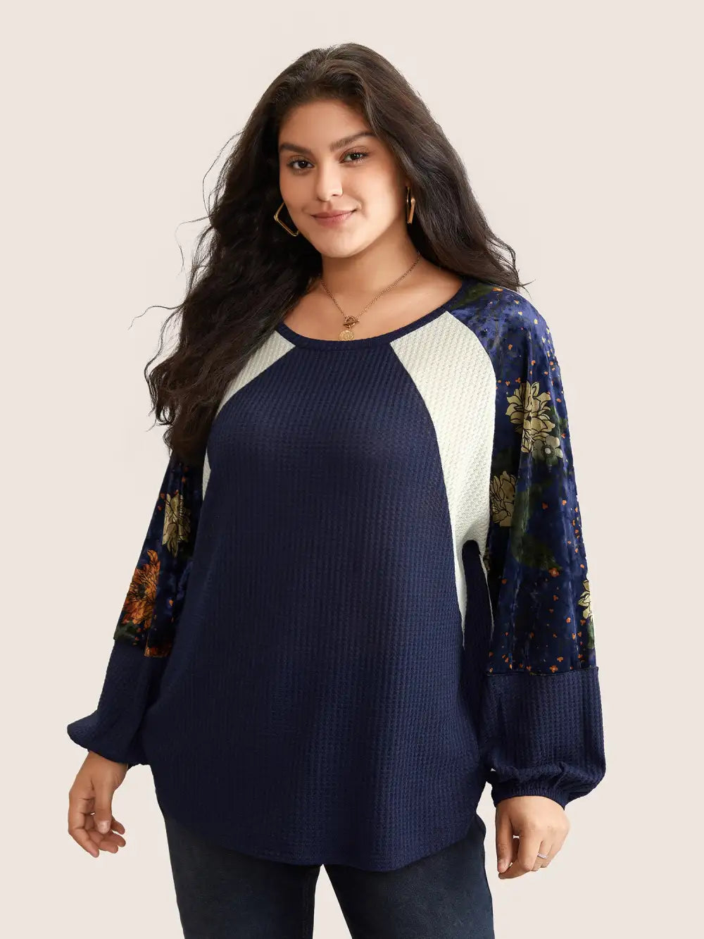 Waffle Knit Patchwork Floral Print T-Shirt