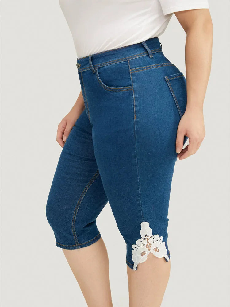 Very Stretchy High Rise Medium Wash Guipure Lace Knee Denim Shorts