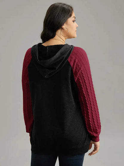 Contrast Cable Knit Pocket Hooded Drawstring Sweatshirt