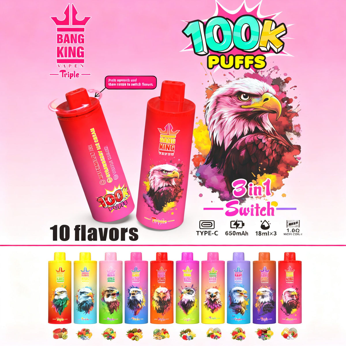 Bang King Triple 100000 100K Puffs 3 in 1 Flavors Original Rechargeable Disposable Vape