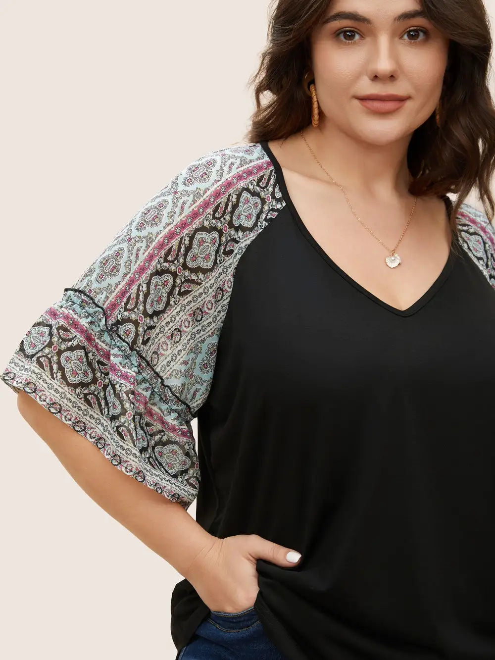 Boho Print Patchwork Raglan Sleeve T-Shirt