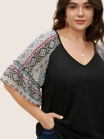 Boho Print Patchwork Raglan Sleeve T-Shirt