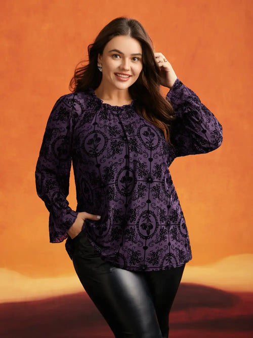 Elastic Flocked Mesh Blouse