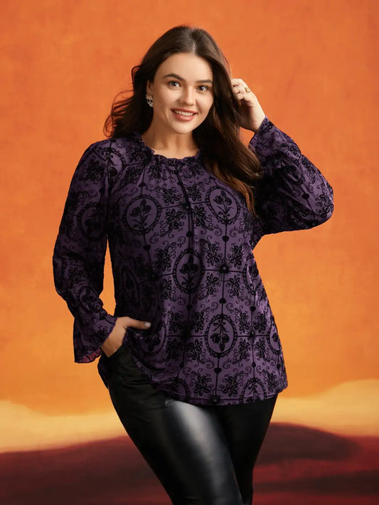 Elastic Flocked Mesh Blouse