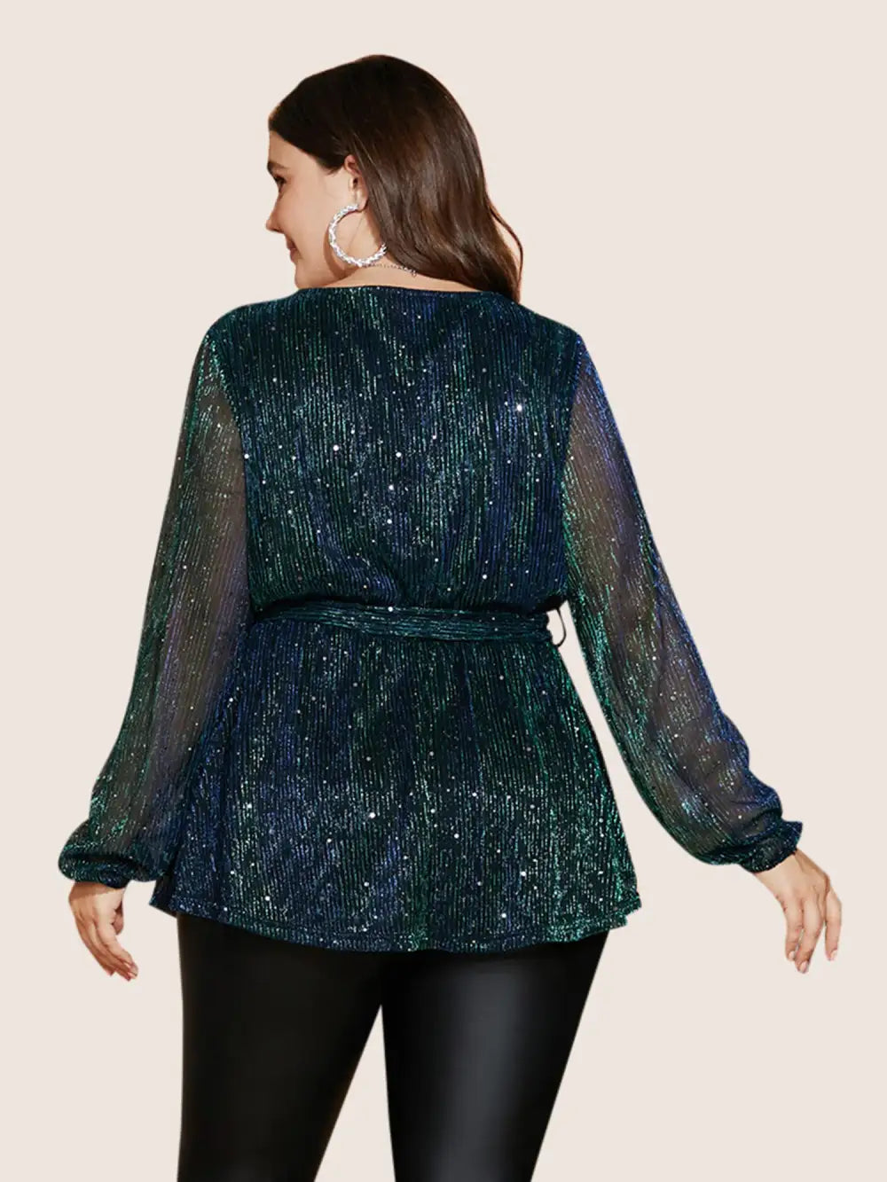 Sequin Mesh Lantern Sleeve Wrap Belted Striped Blouse