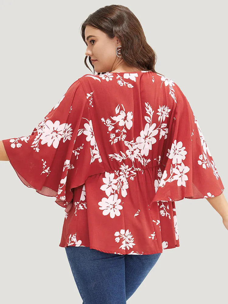 Floral Printed Plicated Detail Flutter Sleeve Blouse