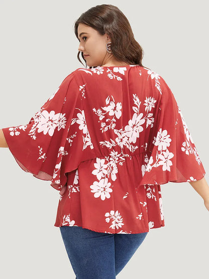 Floral Printed Plicated Detail Flutter Sleeve Blouse