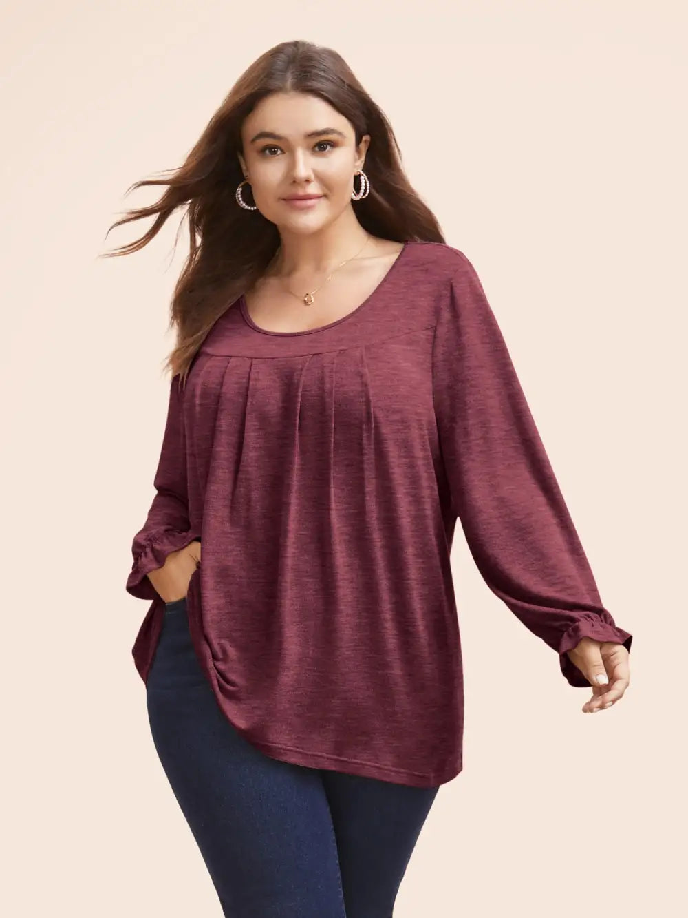 Round Neck Heather Pleated T-Shirt
