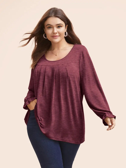 Round Neck Heather Pleated T-Shirt