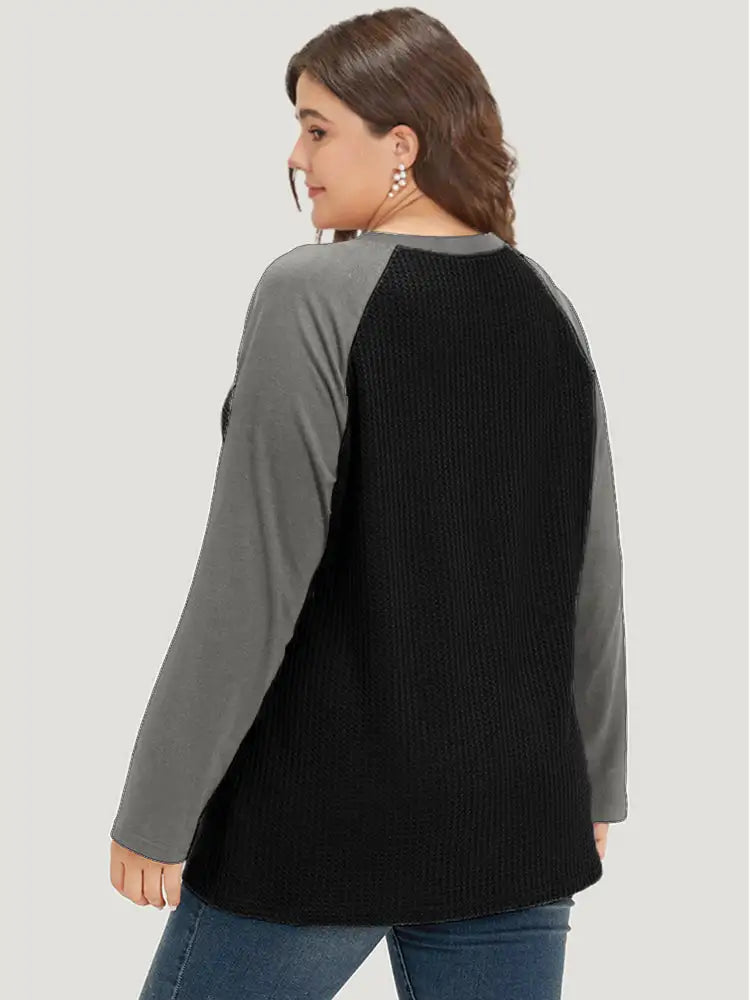 Waffle Knit Raglan Sleeve Metal Buckle Detail T-Shirt