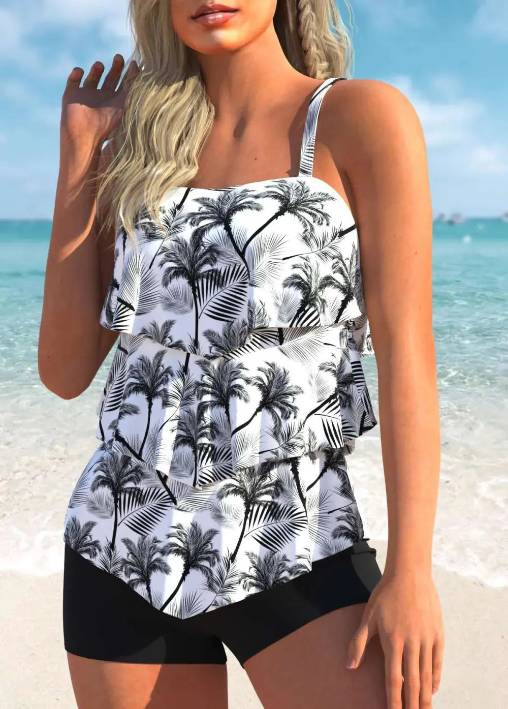 Marine Life Print Plus Size Layered Hem Tankini Set