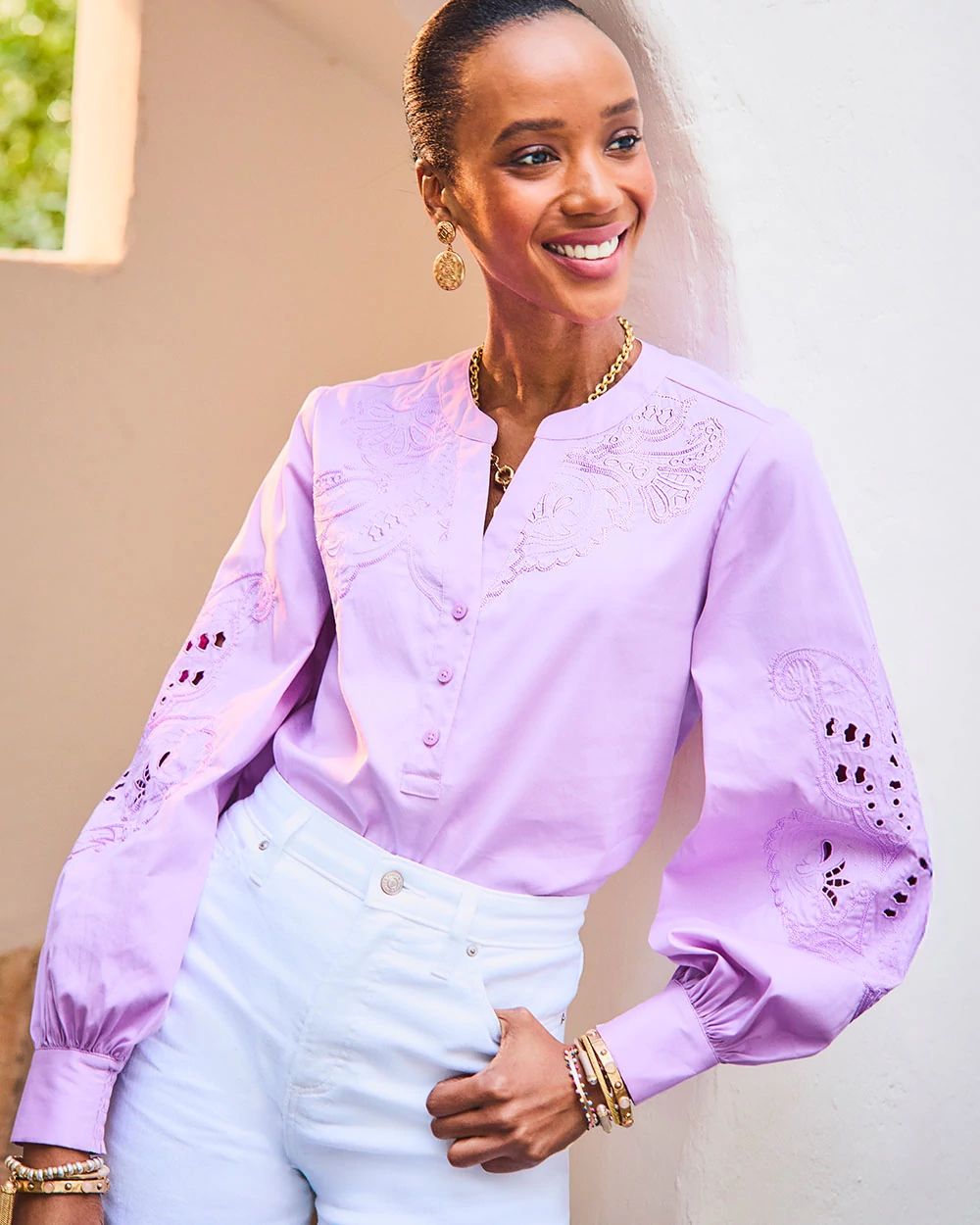 Embroidered Poplin Splitneck Shirt
