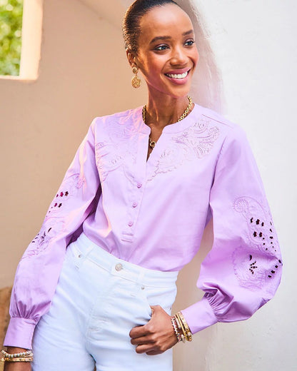Embroidered Poplin Splitneck Shirt
