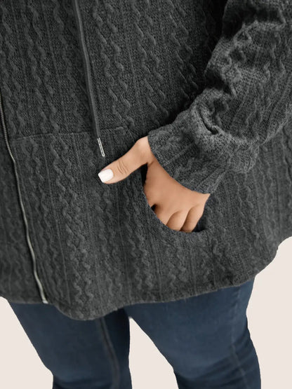 Plain Textured Zipper Hooded Sweatshirt