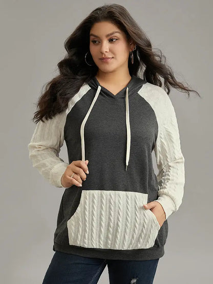 Contrast Cable Knit Pocket Hooded Drawstring Sweatshirt