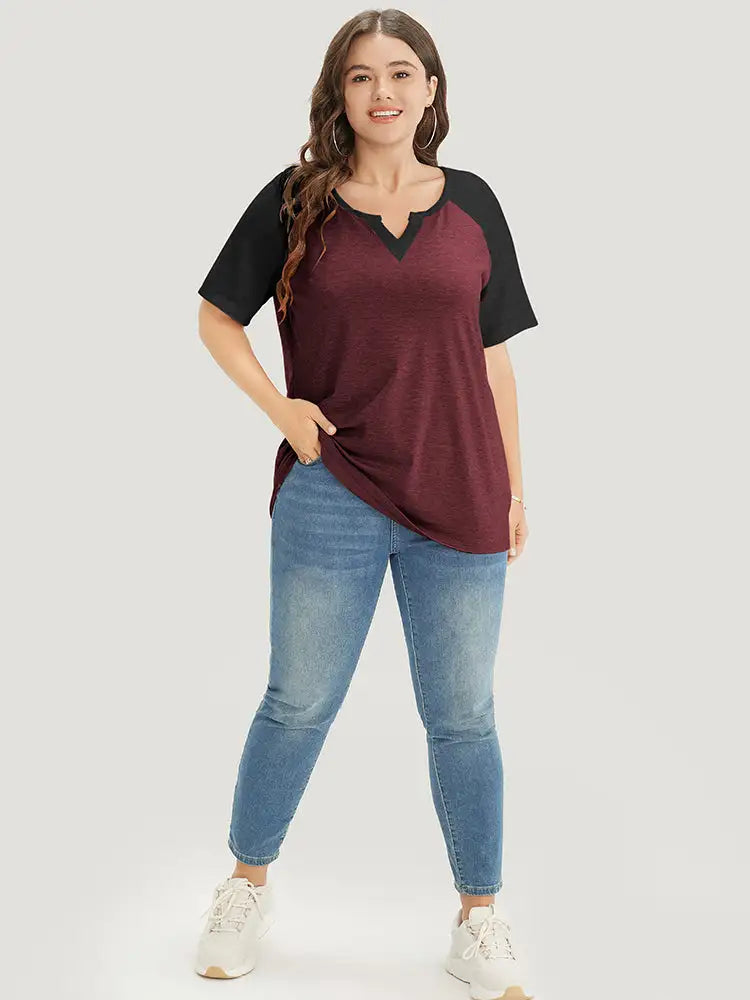 Colorblock Contrast Notched Raglan Sleeve T-shirt