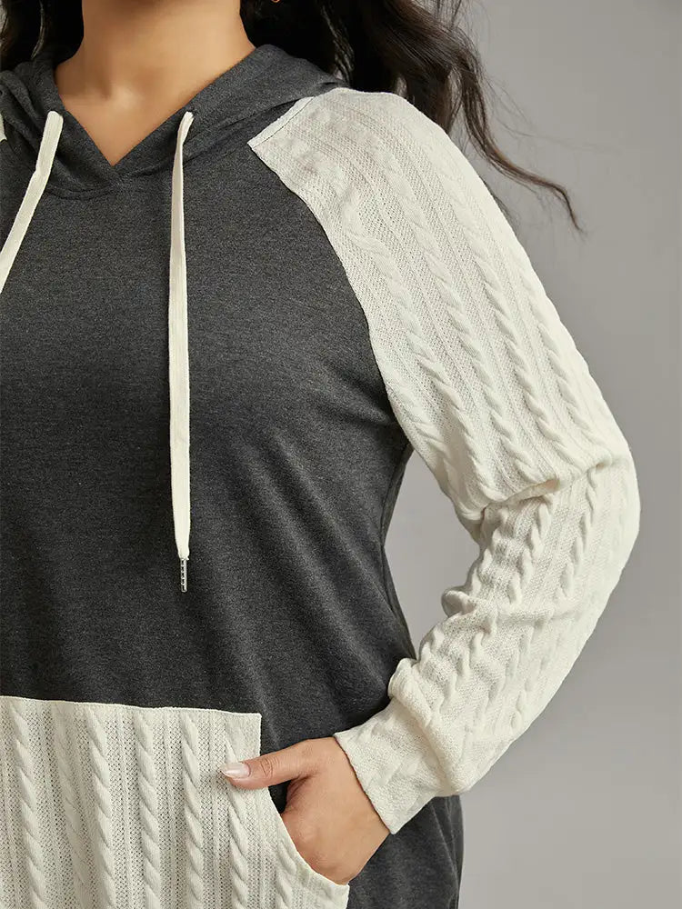 Contrast Cable Knit Pocket Hooded Drawstring Sweatshirt