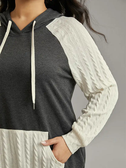 Contrast Cable Knit Pocket Hooded Drawstring Sweatshirt