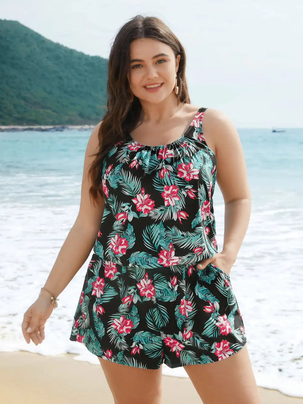 Tropical Flower Print Pockets One-Piece Swimsuit