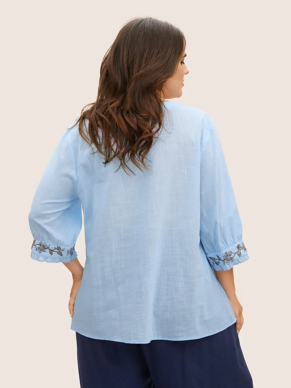 Cotton Floral Embroidered Notched Collar Frill Trim Blouse