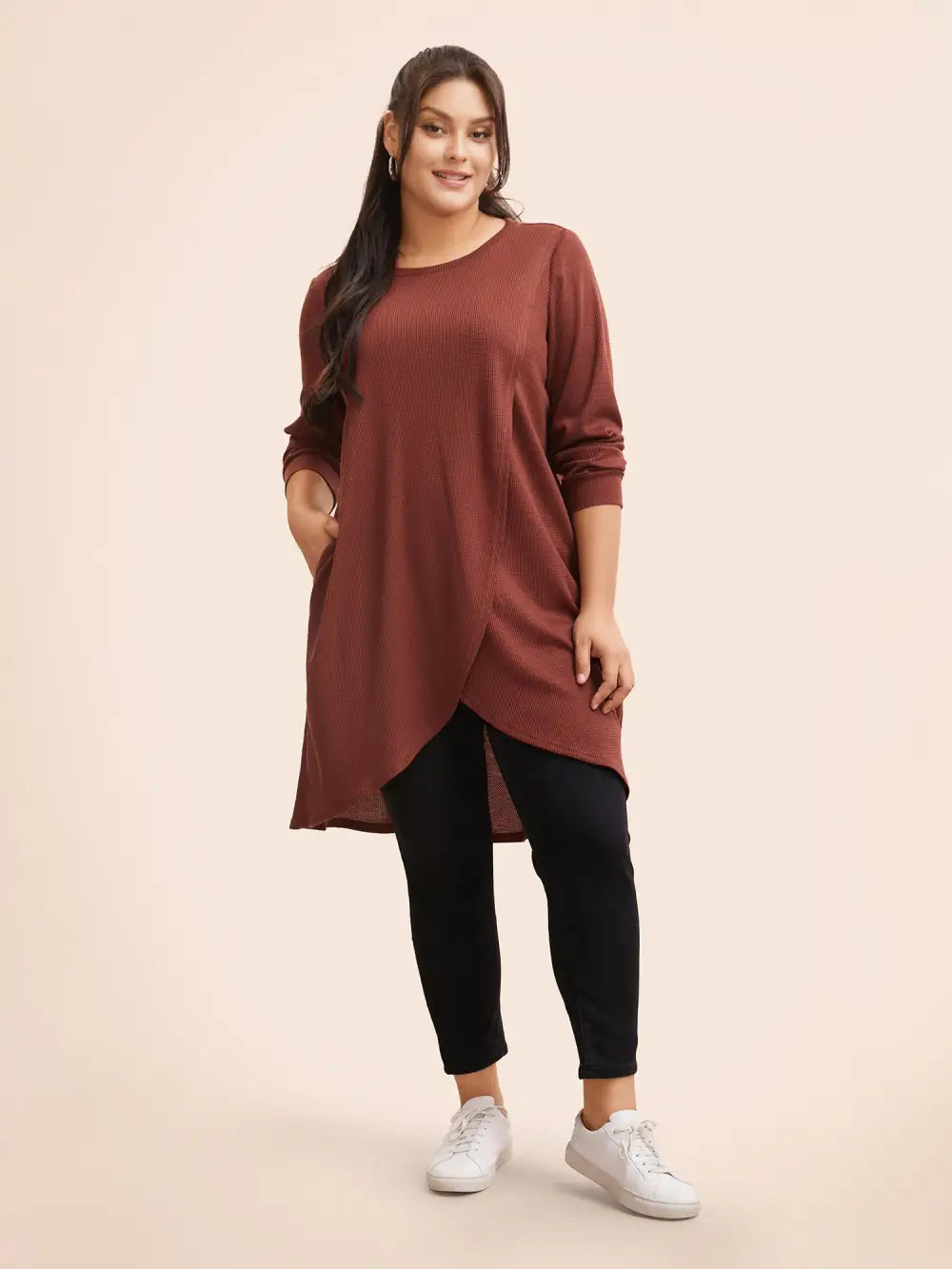 Solid Waffle Knit Overlap Hem T-Shirt