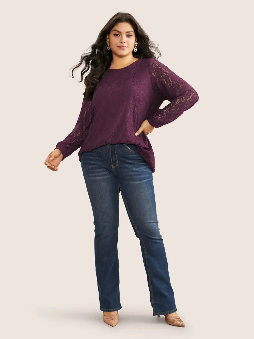 Solid Crochet Lace Mesh Crew Neck Blouse