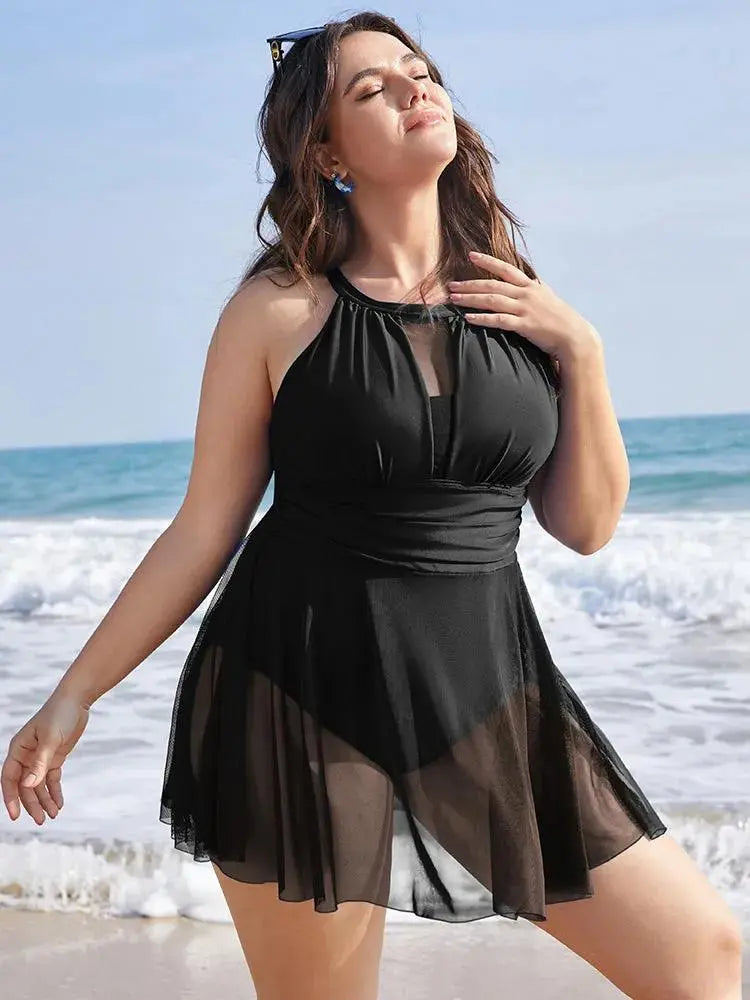 Knotted Back Mesh Insert Halter Swim Dress