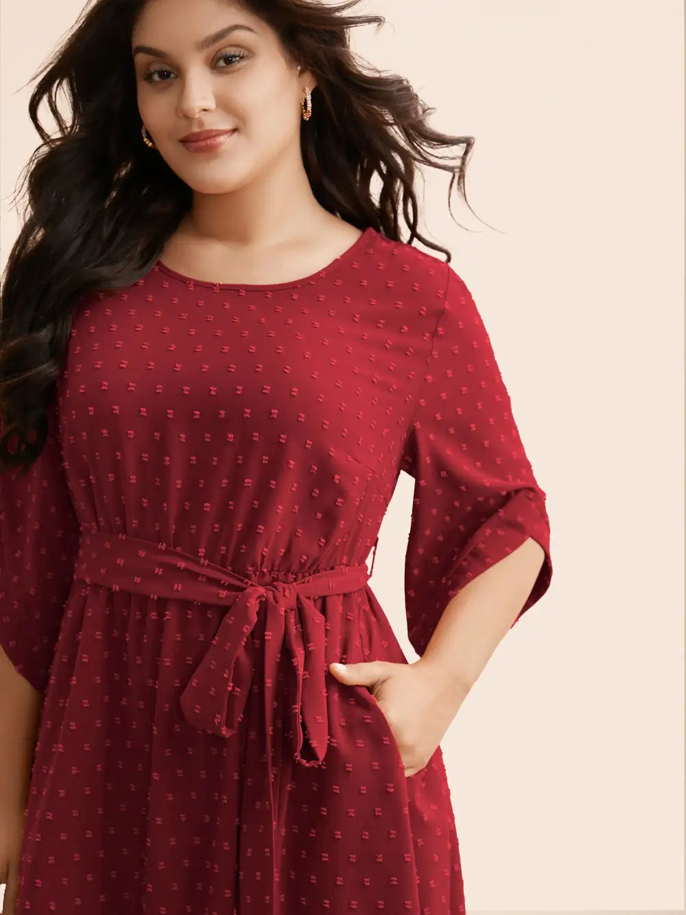 Textured Bell Sleeve Belted Arc Hem Dress