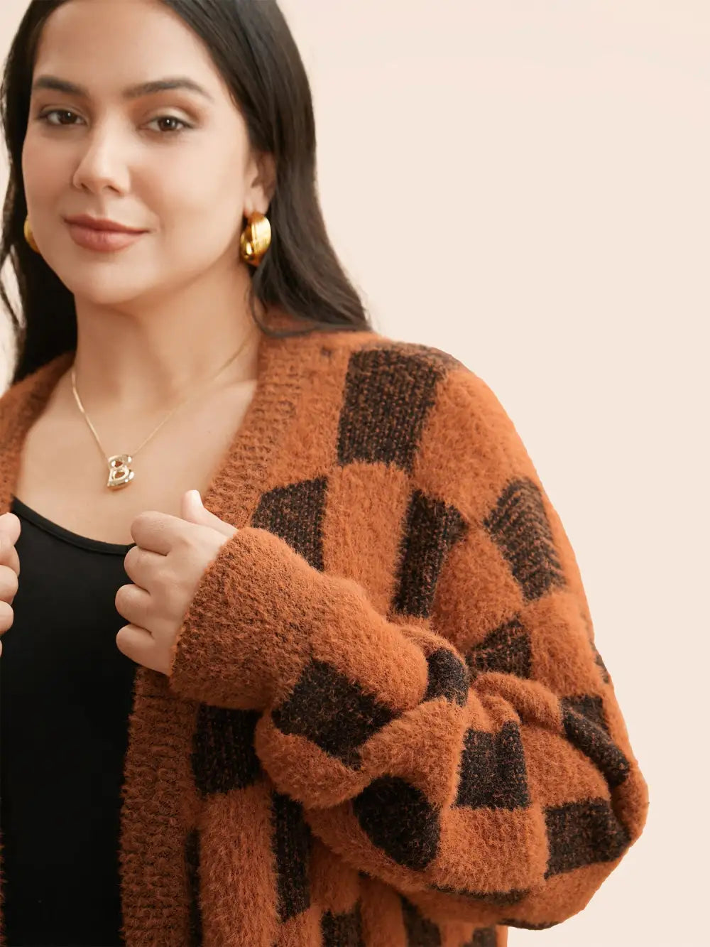 Plaid Fluffy Patched Pocket Cardigan
