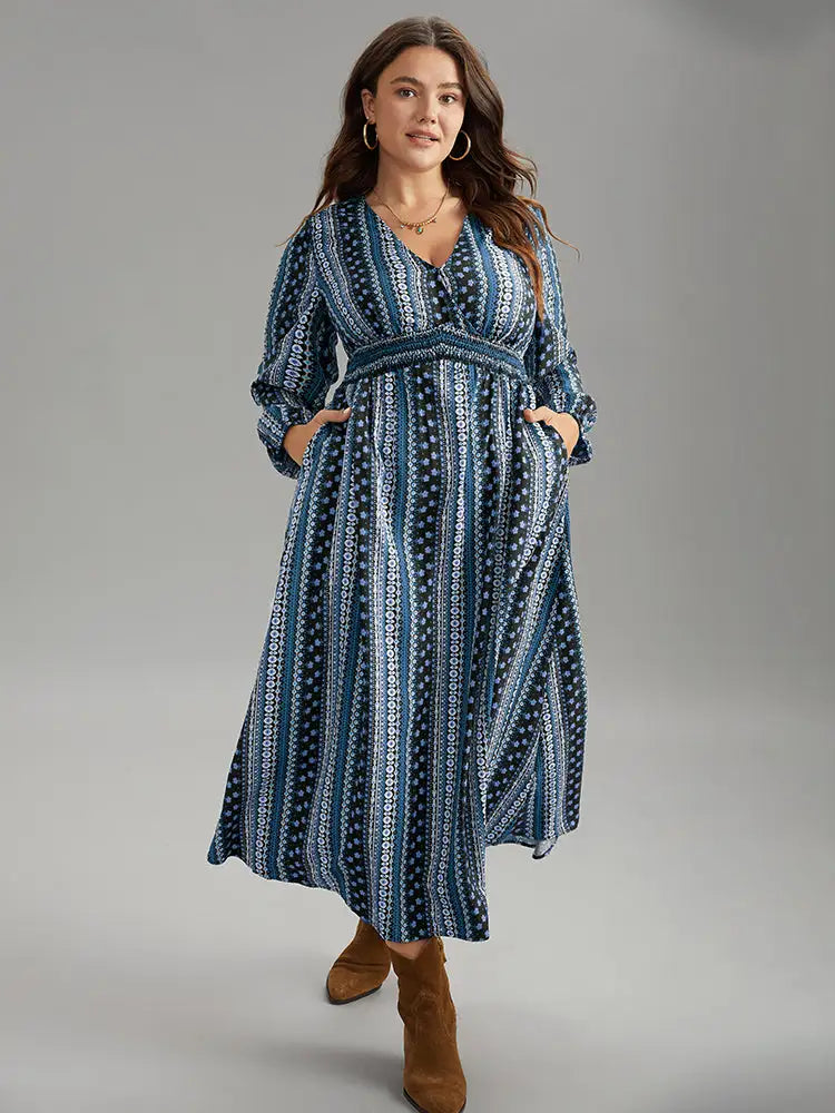 Bandana Print Wrap Shirred Dress