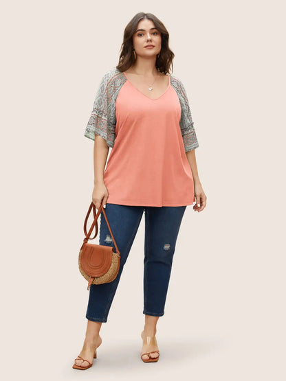 Boho Print Patchwork Raglan Sleeve T-Shirt