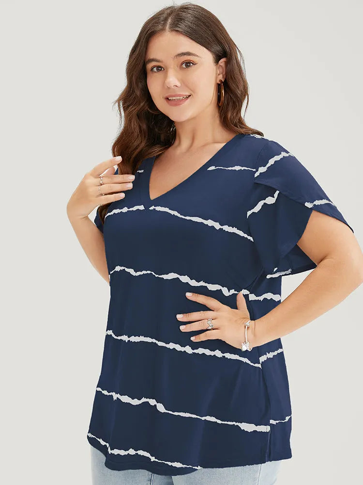 Striped Contrast Petal Sleeve T-shirt