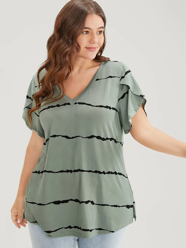 Striped Contrast Petal Sleeve T-shirt