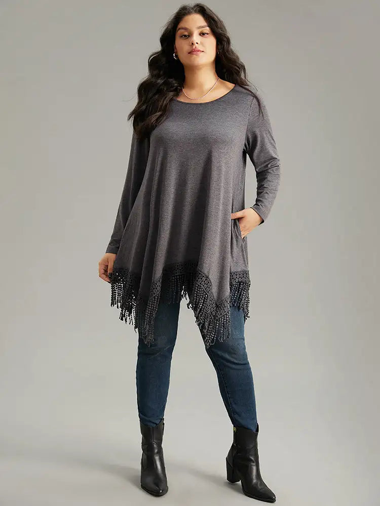 Solid Tassels Trim Pocket Asymmetrical Hem T-Shirt