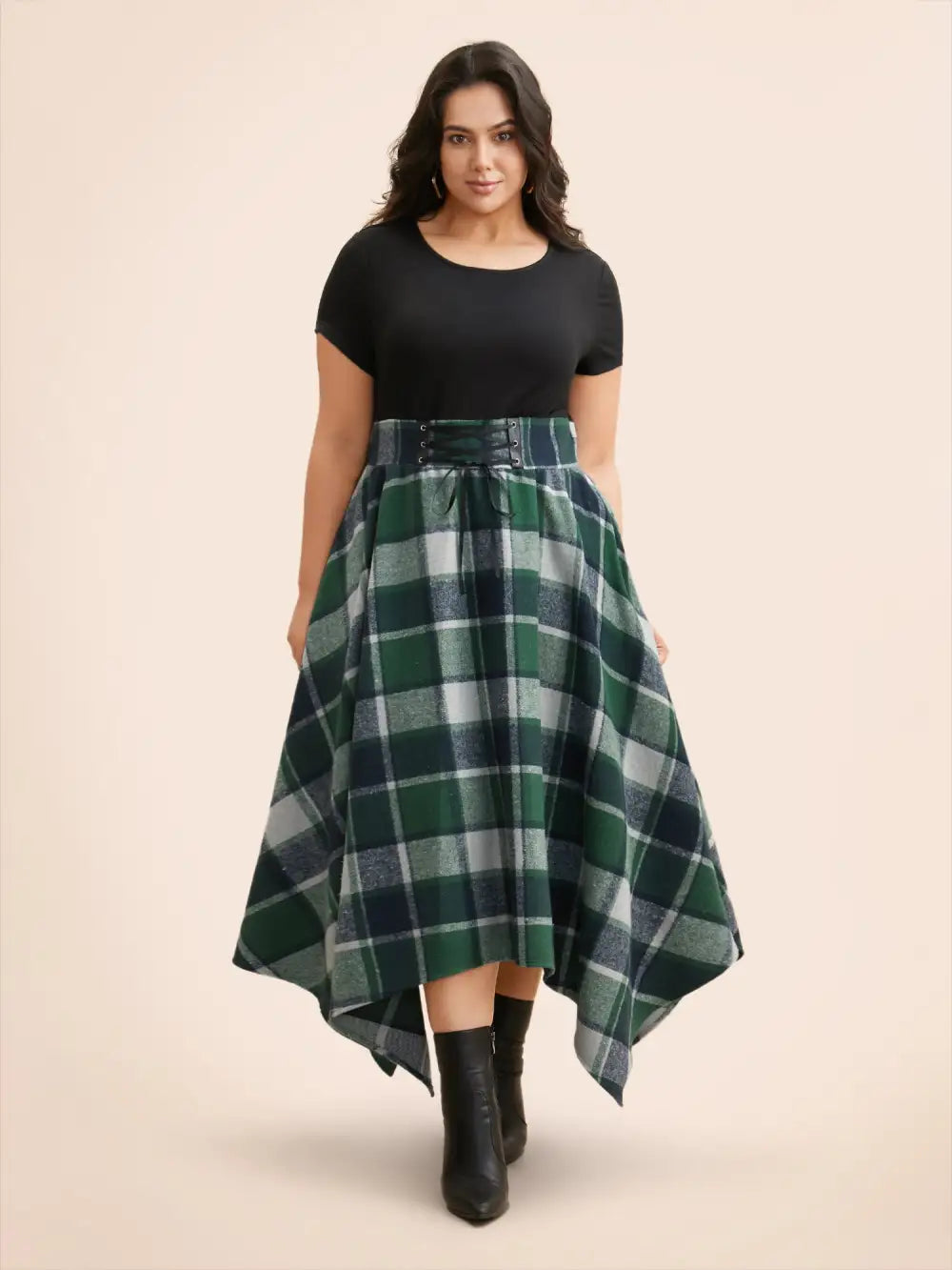 Elastic Plaid Asymmetrical Hem Dress