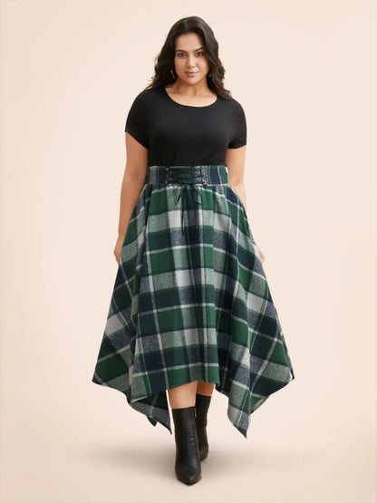 Elastic Plaid Asymmetrical Hem Dress