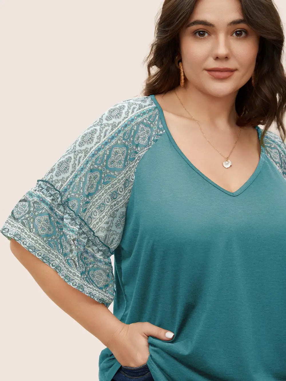 Boho Print Patchwork Raglan Sleeve T-Shirt