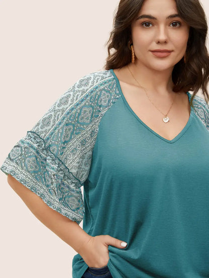 Boho Print Patchwork Raglan Sleeve T-Shirt